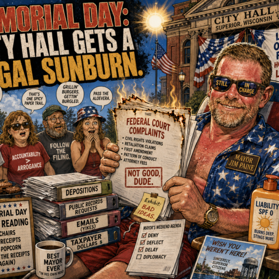 Memorial Day legal sunburn artwork shows Superior, Wisconsin City Hall, Mayor Jim Paine, and LeRette court filings amid federal complaints and records stacks.