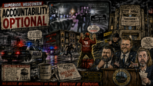 A Superior Wisconsin collage referencing SPD and Menton wasn’t the target, with blurred bodycam footage cues, “no clear answers,” and red-and-black tones.