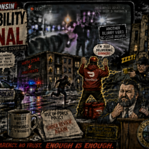 A Superior Wisconsin collage referencing SPD and Menton wasn’t the target, with blurred bodycam footage cues, “no clear answers,” and red-and-black tones.
