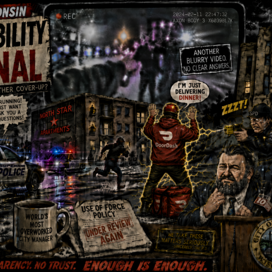A Superior Wisconsin collage referencing SPD and Menton wasn’t the target, with blurred bodycam footage cues, “no clear answers,” and red-and-black tones.