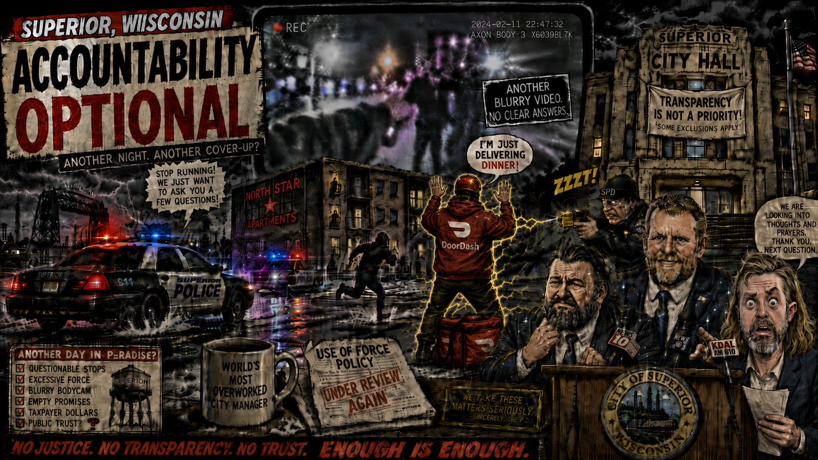 A Superior Wisconsin collage referencing SPD and Menton wasn’t the target, with blurred bodycam footage cues, “no clear answers,” and red-and-black tones.