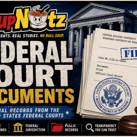A federal court filing stack marked Filed sits beside the U.S. District Court seal and gavel, tied to Mikayla Marie LeRette v. City of Superior.