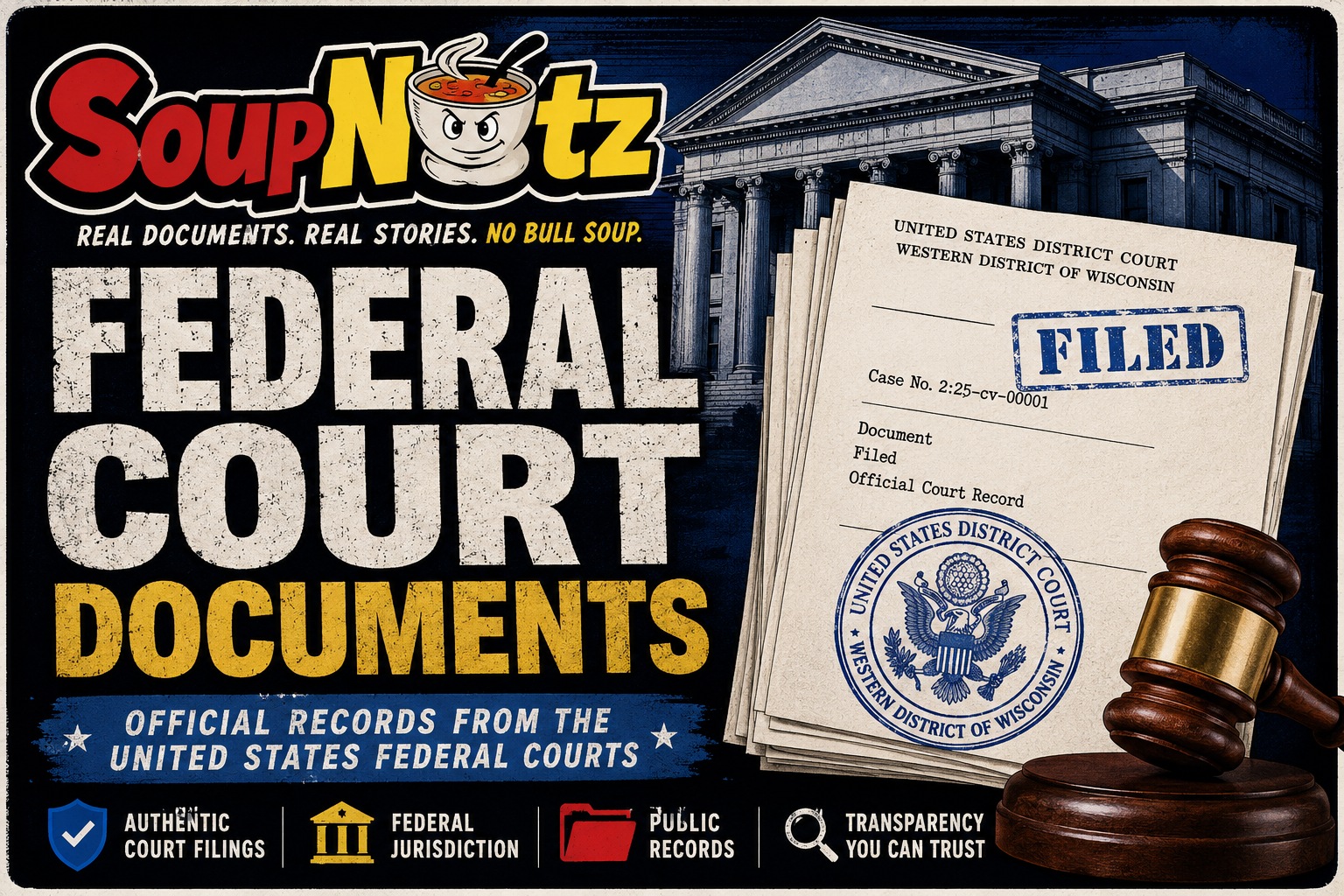 A federal court filing stack marked Filed sits beside the U.S. District Court seal and gavel, tied to Mikayla Marie LeRette v. City of Superior.