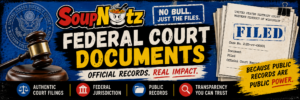 Bold SoupNutz federal court documents banner shows a gavel, filed papers, and text about official records, real impact, and public power online.