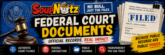 Bold SoupNutz federal court documents banner shows a gavel, filed papers, and text about official records, real impact, and public power online.