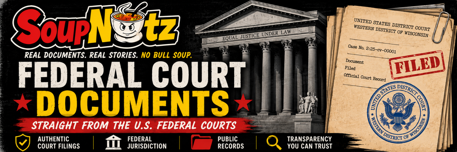 Bold SoupNutz banner presents federal court documents, a courthouse facade, and a filed exhibit tied to Lucas Ciciora and Mayor Paine in Superior.