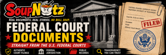 Bold SoupNutz banner presents federal court documents, a courthouse facade, and a filed exhibit tied to Lucas Ciciora and Mayor Paine in Superior.
