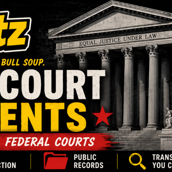 Bold SoupNutz banner presents federal court documents, a courthouse facade, and a filed exhibit tied to Lucas Ciciora and Mayor Paine in Superior.
