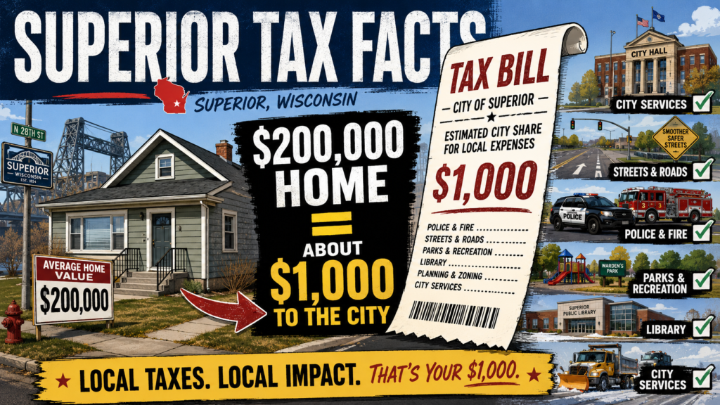A Superior, Wisconsin tax graphic shows a $200,000 home generating about $1,000 to the city, with city hall, roads, police, parks and library.