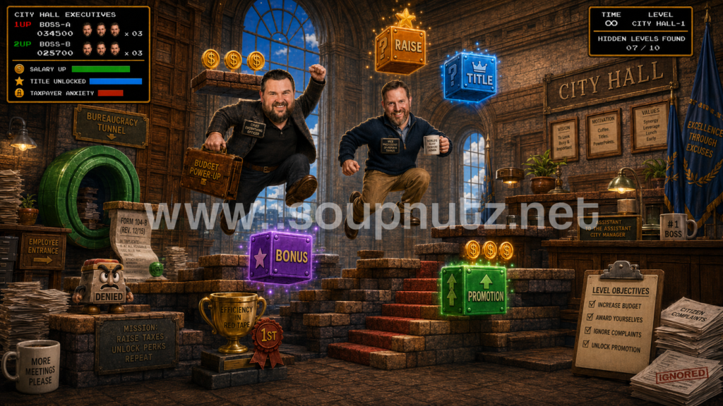 A Super Mario Bros-inspired city hall game interface with glowing gold coins, bonus and promotion panels, and blue neon signboards.