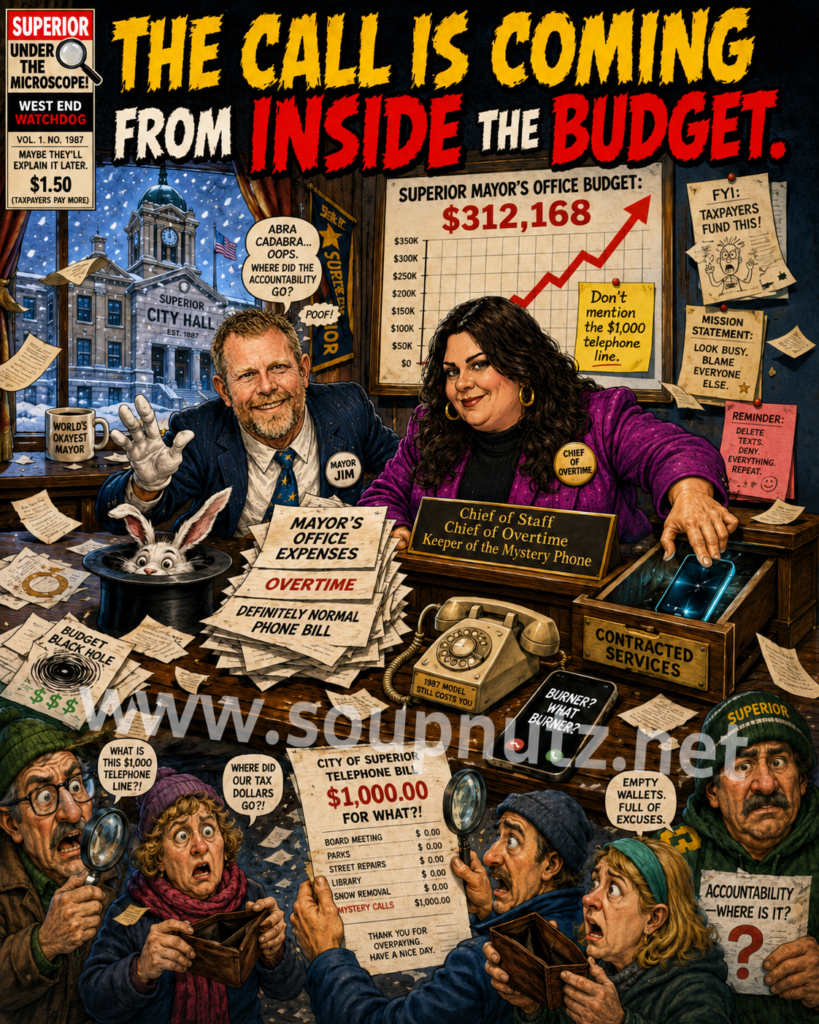 A busy budget cartoon for Superior’s mayor’s office with $312,168 shown prominently, plus overtime and a phone line tied to Mayor Jim Paine.