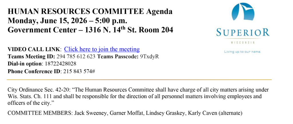 A Human Resources Committee agenda for Superior, Wisconsin lists the June 15, 2026 meeting time, Microsoft Teams details, and committee members.
