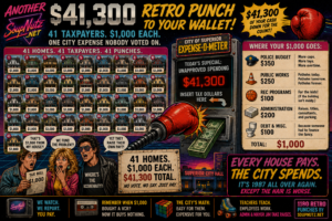 A bold SoupNutz graphic shows 41 homes, $41,300 in retro punches, and a City of Superior expense-o-meter dividing $1,000 across city budgets.