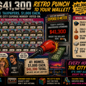 A bold SoupNutz graphic shows 41 homes, $41,300 in retro punches, and a City of Superior expense-o-meter dividing $1,000 across city budgets.