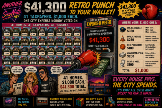A bold SoupNutz graphic shows 41 homes, $41,300 in retro punches, and a City of Superior expense-o-meter dividing $1,000 across city budgets.
