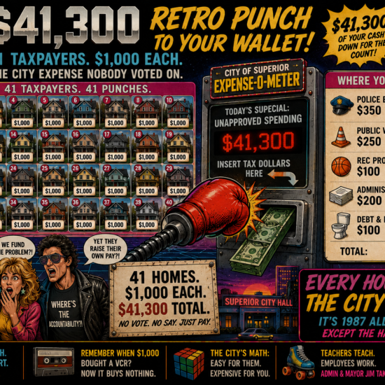 A bold SoupNutz graphic shows 41 homes, $41,300 in retro punches, and a City of Superior expense-o-meter dividing $1,000 across city budgets.