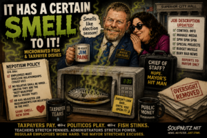 Mayor Jim Paine grins beside a whispering aide while City Hall paperwork, a microwave fish and bold nepotism warnings fill the frame.