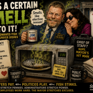 Mayor Jim Paine grins beside a whispering aide while City Hall paperwork, a microwave fish and bold nepotism warnings fill the frame.