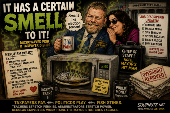 Mayor Jim Paine grins beside a whispering aide while City Hall paperwork, a microwave fish and bold nepotism warnings fill the frame.