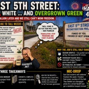 East 5th Street reconstruction delays leave overgrown weeds, unfinished curb work, and a $3.37 million project still waiting on results.