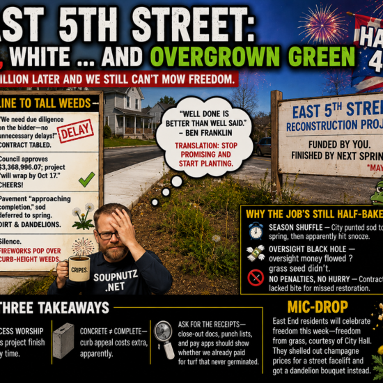 East 5th Street reconstruction delays leave overgrown weeds, unfinished curb work, and a $3.37 million project still waiting on results.