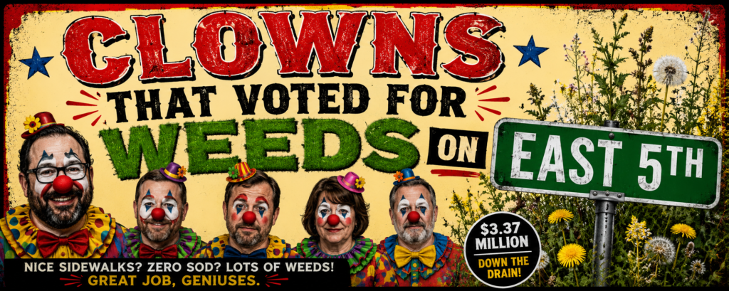 Four clown-faced council figures stand beneath bold words about weeds on East 5th Street, with a sign, wildflowers, and a $3.37 million callout.