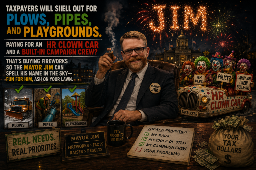 Mayor Jim sits beside a cigar while fireworks spell his name over City Hall, with clowns, signs, and a bag marked your tax dollars nearby.