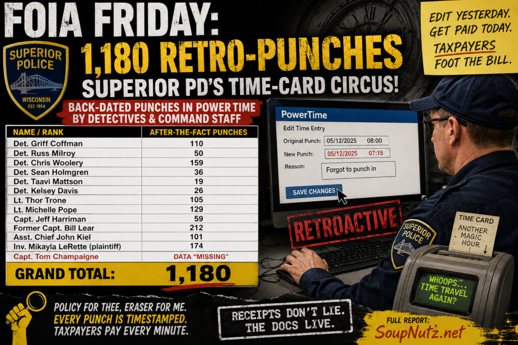 A Superior Police time-card graphic shows 1180m retro-punches, PowerTime edits, and a grand total tied to back-dated punches.
