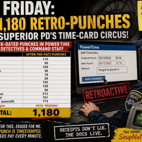 A Superior Police time-card graphic shows 1180m retro-punches, PowerTime edits, and a grand total tied to back-dated punches.