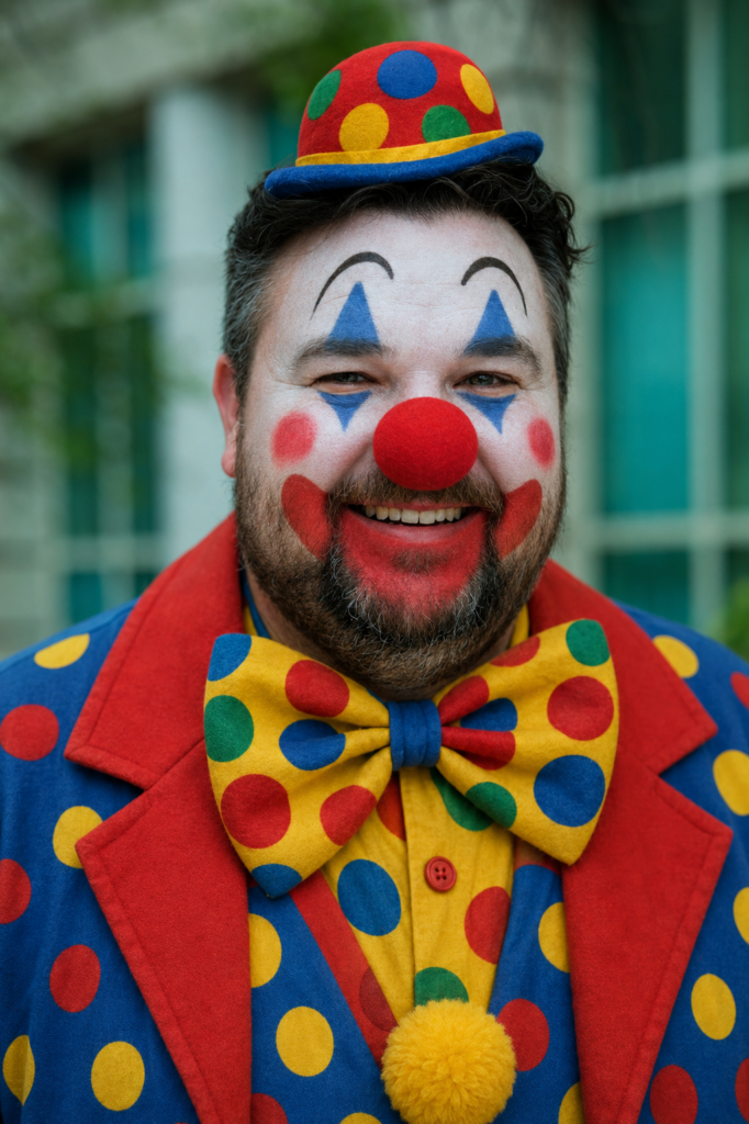 Garner Moffat smiles in clown makeup and a bright polka-dot suit, with a red nose, painted face, and a matching bow tie and cap.