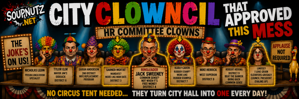 A satirical city hall lineup shows colorful clowns and officials under signs about HR committee clowns and approval of this mess.