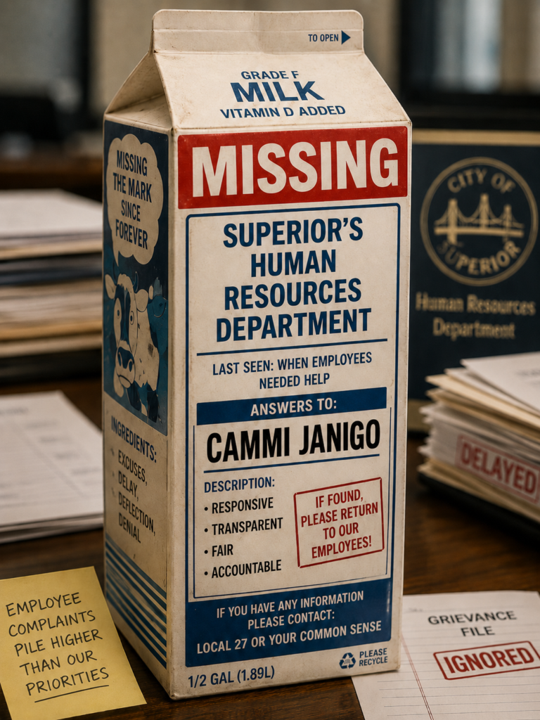 A vintage milk carton parody reads MISSING and Superior's Human Resources Department, with notes about employee complaints and ignored grievances.