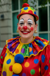 With painted clown makeup and a bright polka-dot hat, Lindsey Graskey smiles in a vivid red, yellow, and blue costume outdoors.