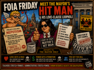 A cartoonish FOIA Friday poster shows the mayor's hit man, nepotism rules, and a city hall oversight rewrite in a bold satire layout.