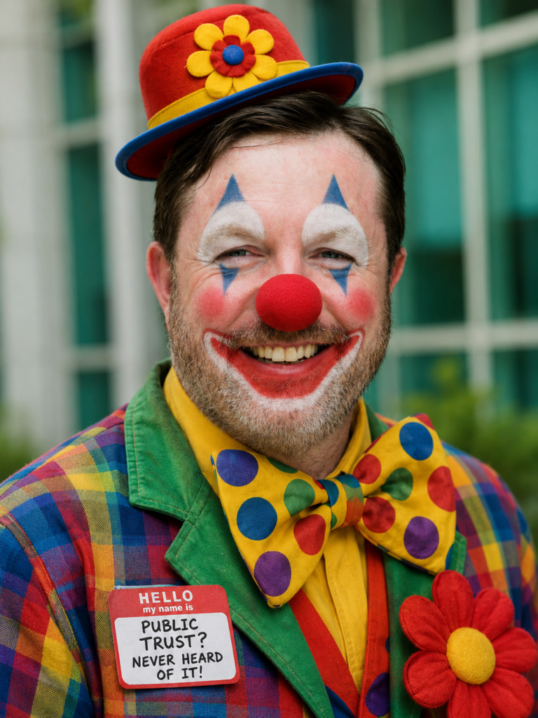 A smiling clown in a red hat and polka-dot bow tie wears a badge reading "PUBLIC TRUST? NEVER HEARD OF IT!" outside a building.