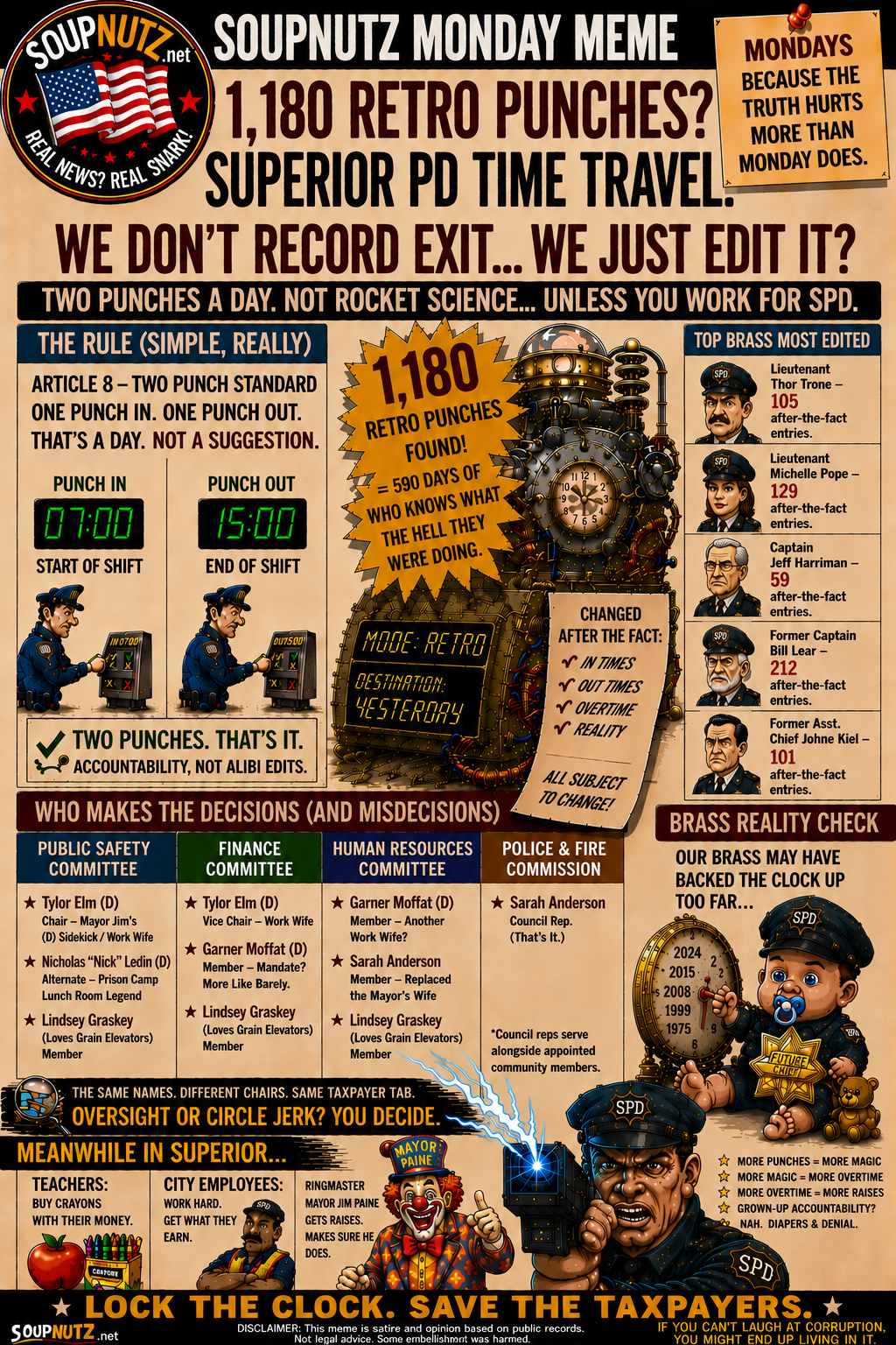 A satirical SoupNutz meme shows Superior PD time-travel claims, 1,180 retro punches, a two-punch rule, and brass reality-check graphics across multiple panels.