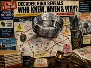 A gritty Port Washington and Ozaukee County collage shows a decoder ring, calendar notes, police files, and clues about leadership swaps and settlements.