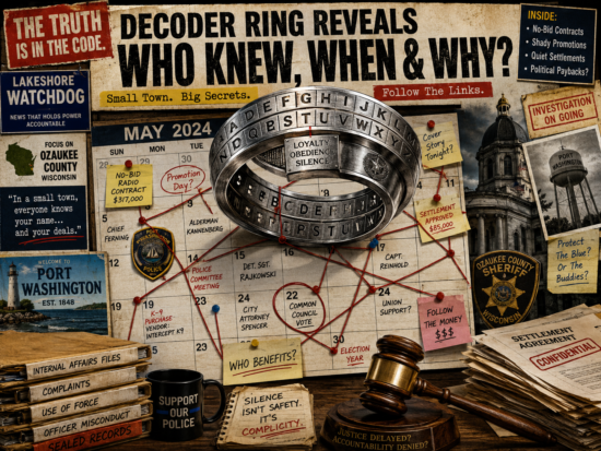 A gritty Port Washington and Ozaukee County collage shows a decoder ring, calendar notes, police files, and clues about leadership swaps and settlements.