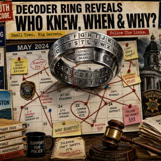 A gritty Port Washington and Ozaukee County collage shows a decoder ring, calendar notes, police files, and clues about leadership swaps and settlements.