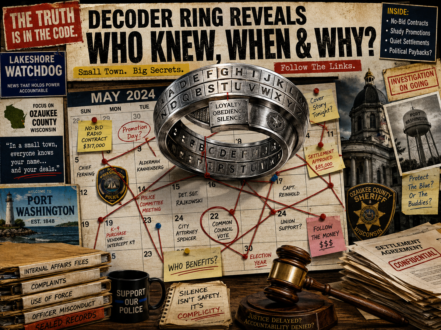 A gritty Port Washington and Ozaukee County collage shows a decoder ring, calendar notes, police files, and clues about leadership swaps and settlements.