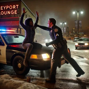 Police officer engaging with an individual sitting on the hood of a patrol car at night.